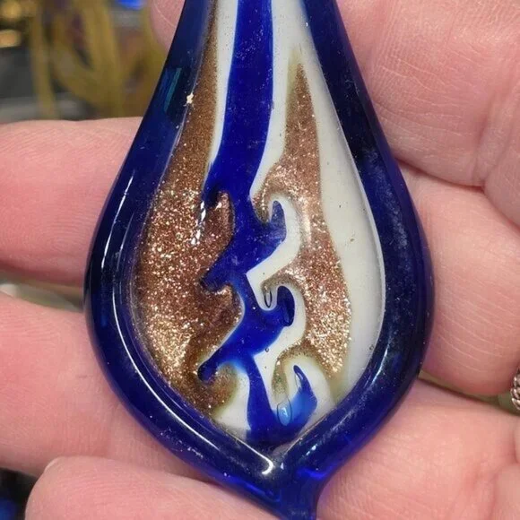 Handcrafted Blue Gold Swirl Glass Pendant Artisan Lampwork Jewelry Making Focal - Picture 2 of 6